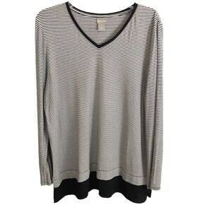 CHICO'S Striped Lagenlook Knit TOP Shirt 2 Large 12 Long Sleeve Black White